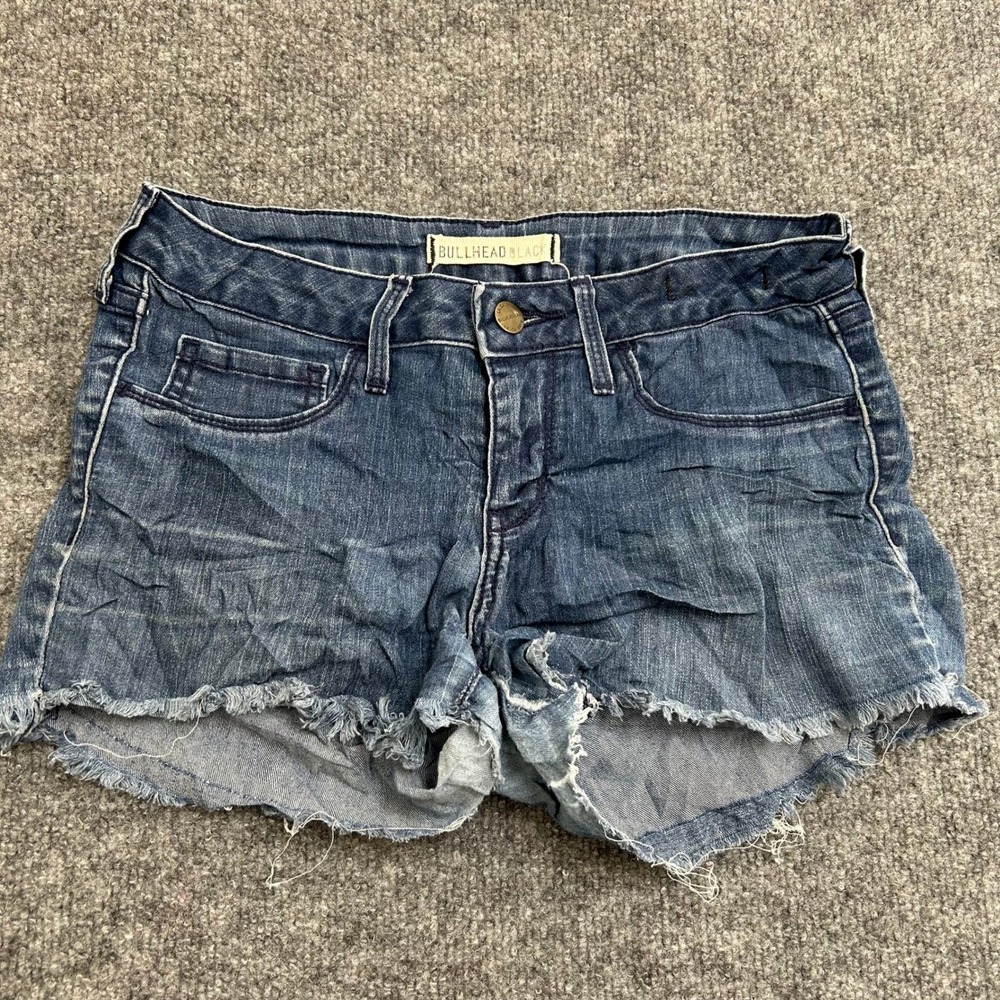 Bullhead Black Shorts Womens Size 5 Blue Denim Cutoff Raw Hem Stretch Casual